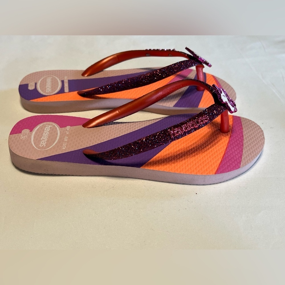 Havaianas flip flops slides sandals Girls 2 pink purple glitter rainbow unicorn - Picture 3 of 10
